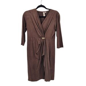 Vintage Faux Suede Mock Wrap 3/4 Sleeve Dress S Brown‎ Stretch Native Peasant